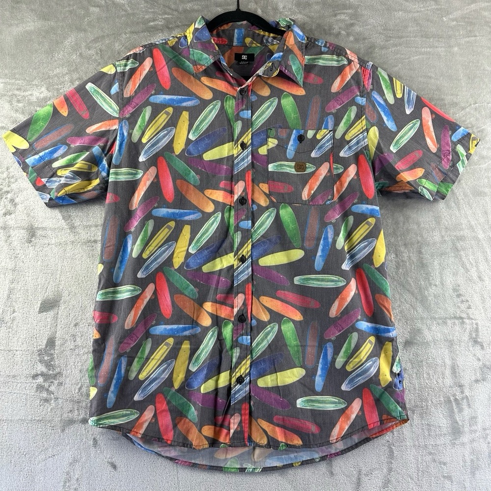 DC Shoes Skateboard Print Button Up Shirt Men's L Colorful Hawaiian Surfboard